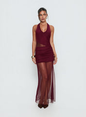 Desta Halter Sheer Maxi Dress Burgundy