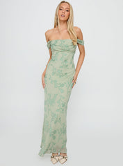 Azura Off The Shoulder Maxi Dress Green Burnout