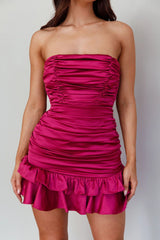 Annabella Strapless Tied Back Frill Hem Mini Dress Plum