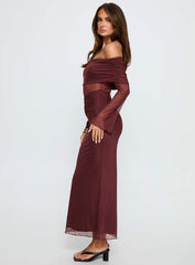 Velouria Off Shoulder Long Sleeve Maxi Dress Brown