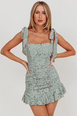 Neriah Tied Shoulder Lace Mini Dress Sage