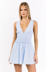 Juna Light Blue Stripe Shirred Mini Dress