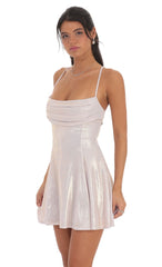 Metallic Draped A-Line Dress in Rose Gold